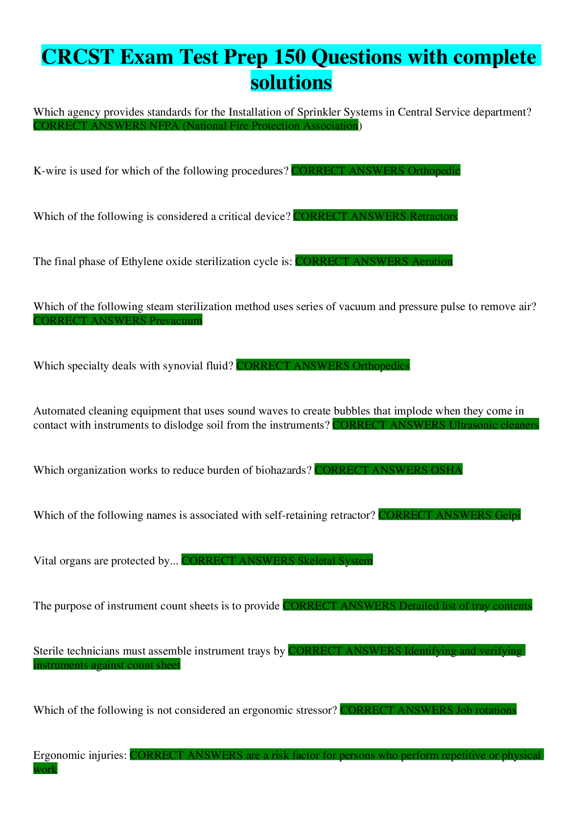 Preview image for CRCST Exam Test Prep 150 Questions with complete solutions